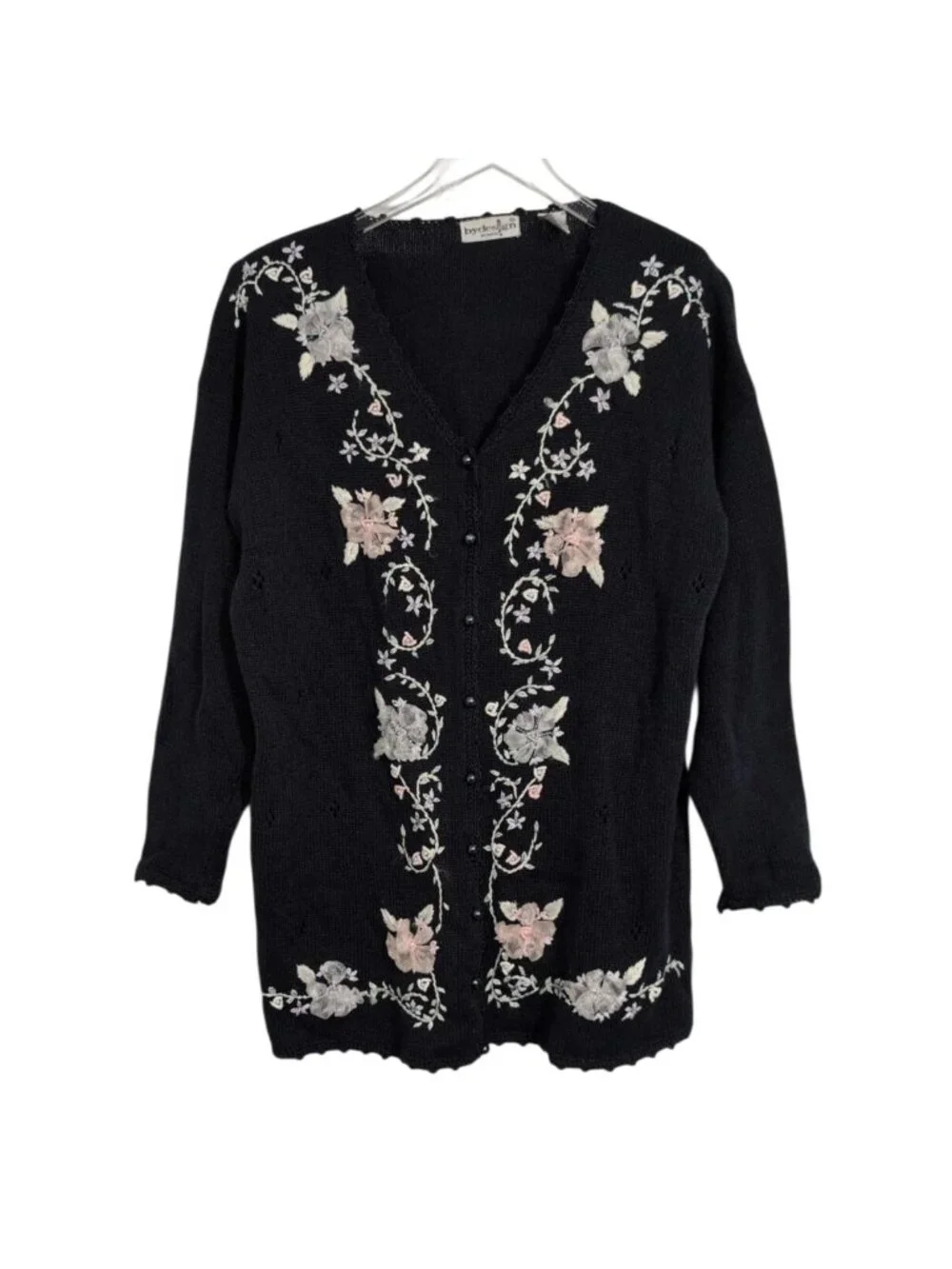 Vintage Embroidered Floral Cardigan Womens Size 2X Blue Cottagecore Coquette